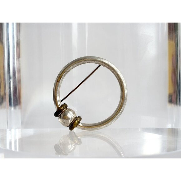 Dual Toned Gold & Sterling Silver Vintage Circular Shaped Minimalist Brooch Pin - Picture 3 of 10